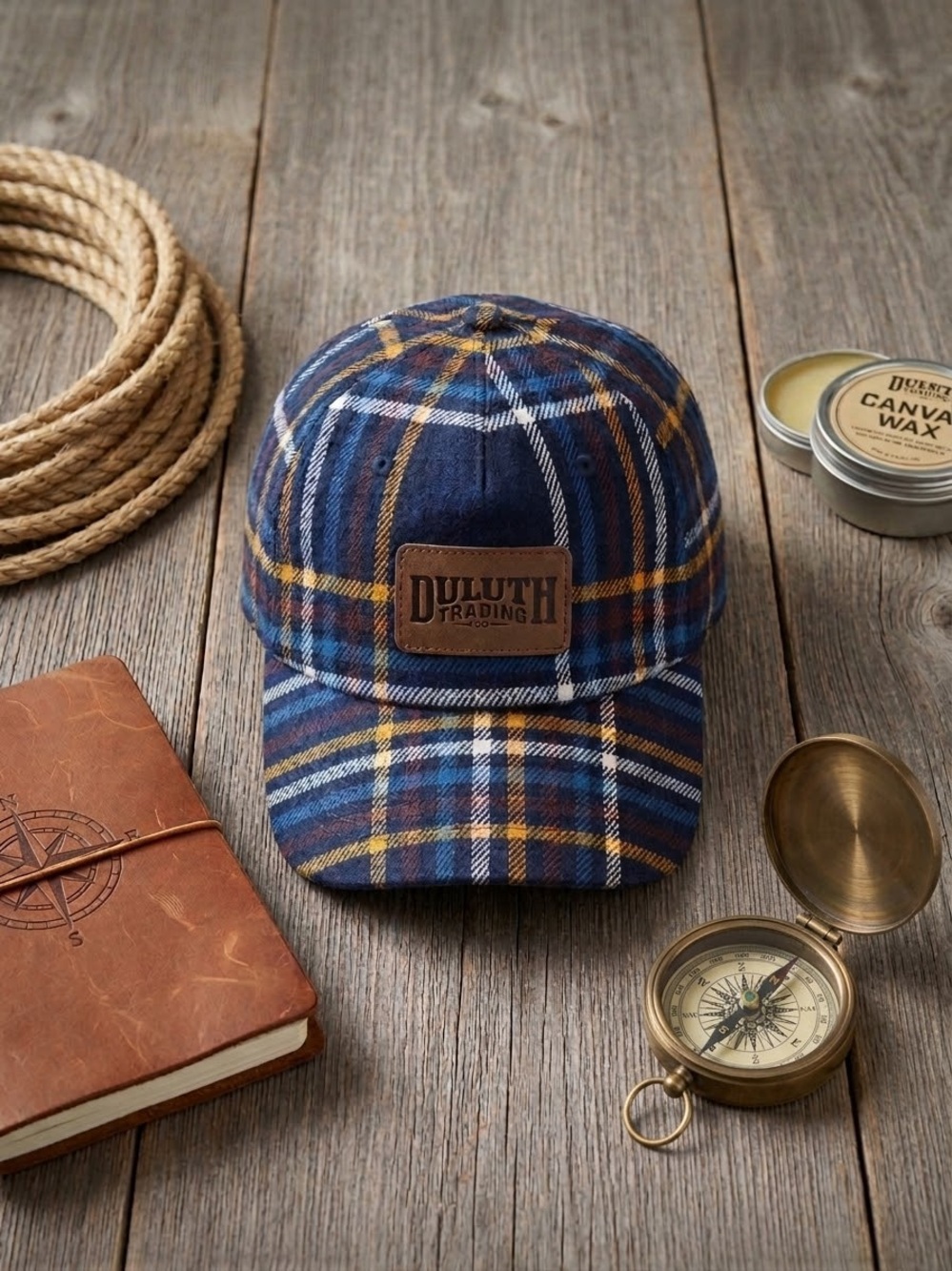 Duluth Trading Co Navy Blue & Mustard Plaid Cap